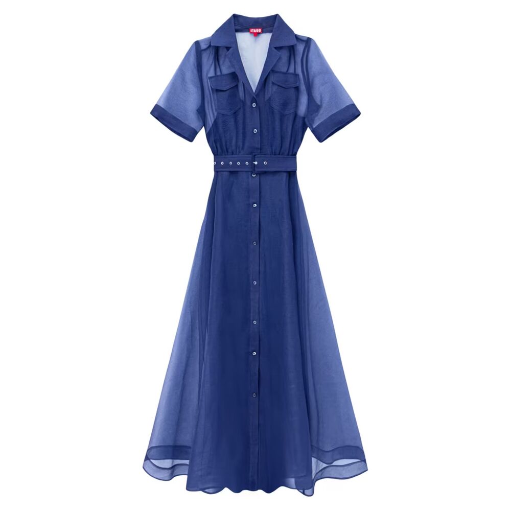 Staud Millie Organza Short-Sleeve Belted Maxi Shirtdress NWT 4 in navy - Picture 3 of 8